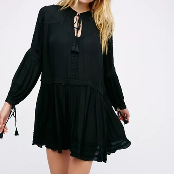 Free People Feelin Moody Mini Dress Black Long Sleeve Flowy Boho Whimsigoth S - Picture 1 of 15